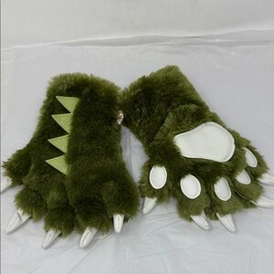 Lazy One Green Furry Mittens Dinosaur Faux Fur OS